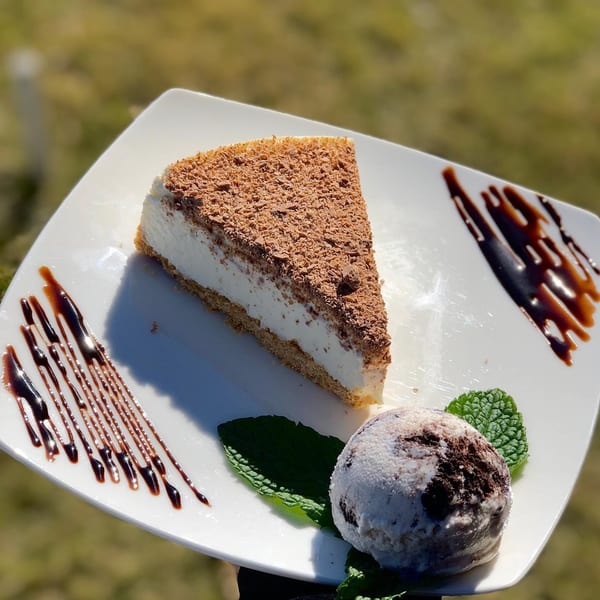 A slice of cheesecake with chocolate shavings, a scoop of ice cream, and mint on a white plate.